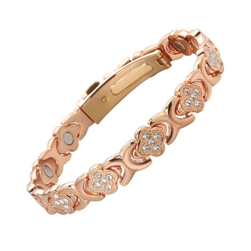Rose gold New Fashion Lightweight Luxury Four - Leaf Clover Diamond Inlaid Bracelet - Alloy Magnetic Watch Band Style Bracelet for Women + Free Disassembly Tool