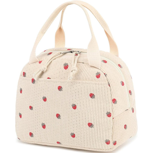 Beige Strawberry Pattern Corduroy Lunch Bag - Insulated Thermal Cooler Tote for School Work and Picnics - Main product image