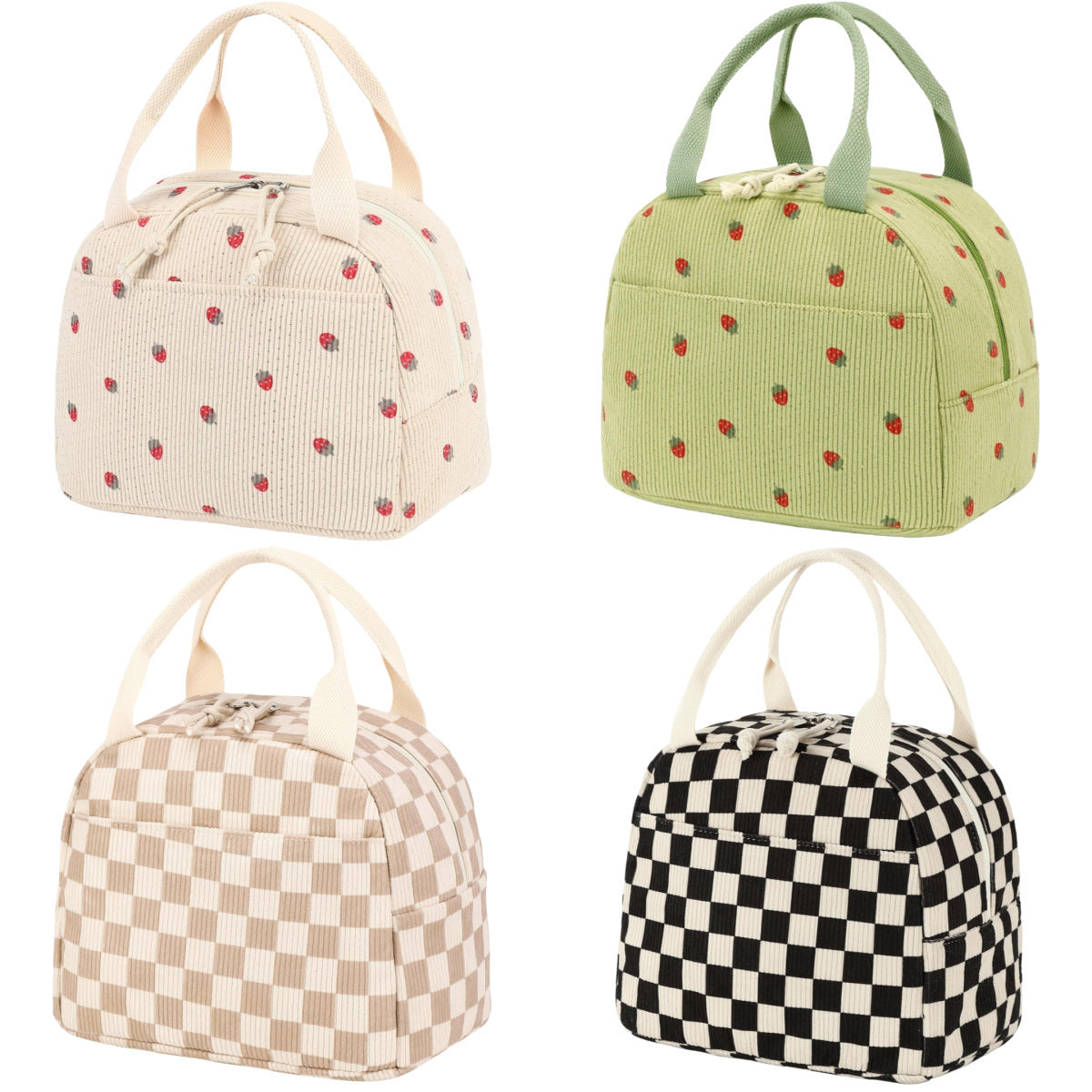 Beige Strawberry Pattern Corduroy Lunch Bag - Insulated Thermal Cooler Tote for School Work and Picnics - Product image 2