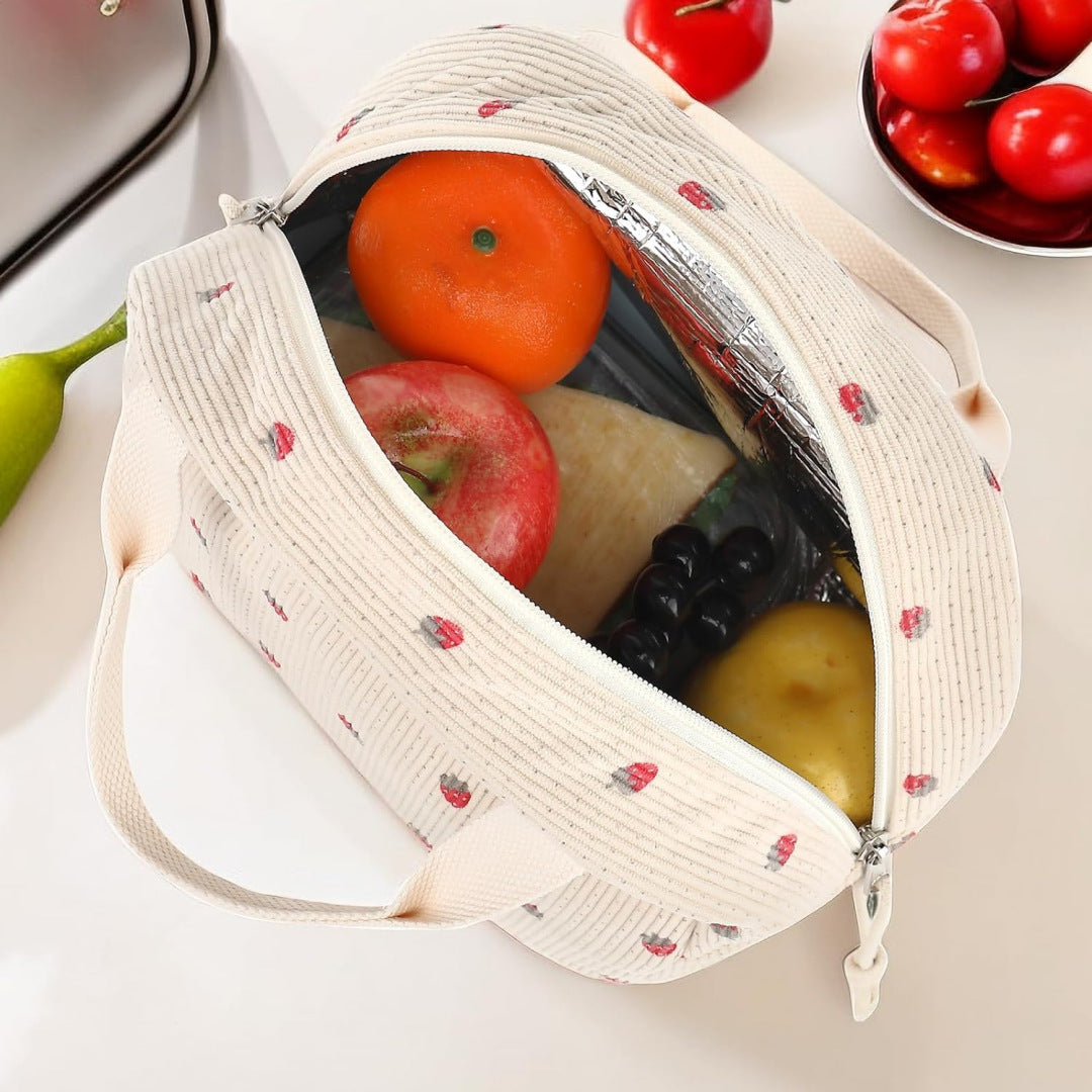 Beige Strawberry Pattern Corduroy Lunch Bag - Insulated Thermal Cooler Tote for School Work and Picnics - Product image 3