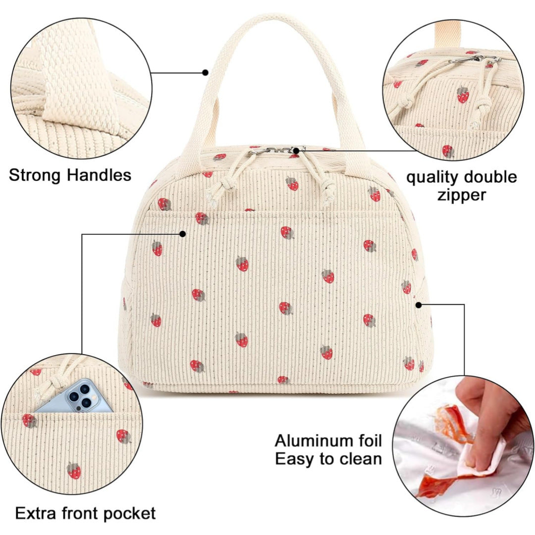 Beige Strawberry Pattern Corduroy Lunch Bag - Insulated Thermal Cooler Tote for School Work and Picnics - Product image 5