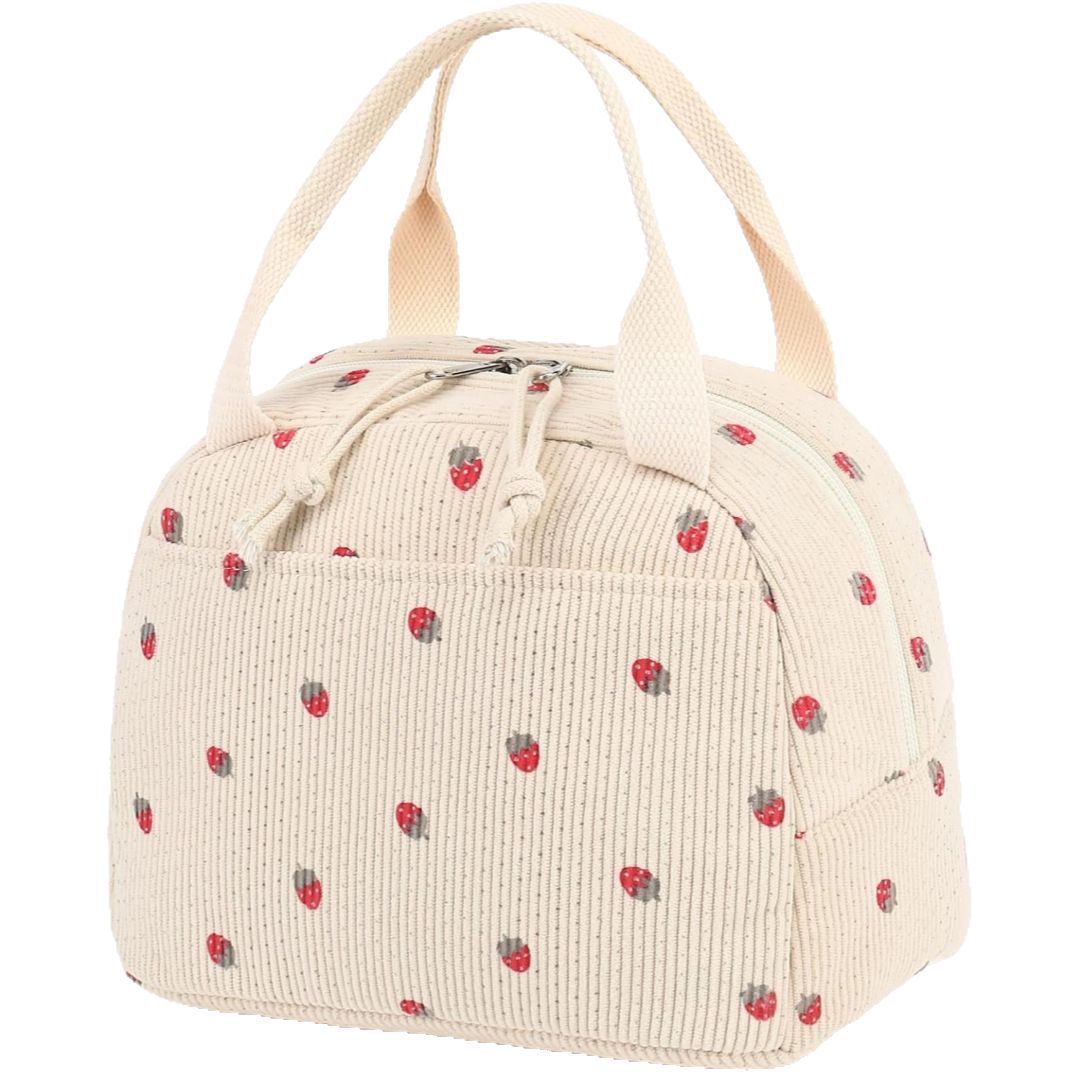 Beige Strawberry Pattern Corduroy Lunch Bag - Insulated Thermal Cooler Tote for School Work and Picnics - Product image 6