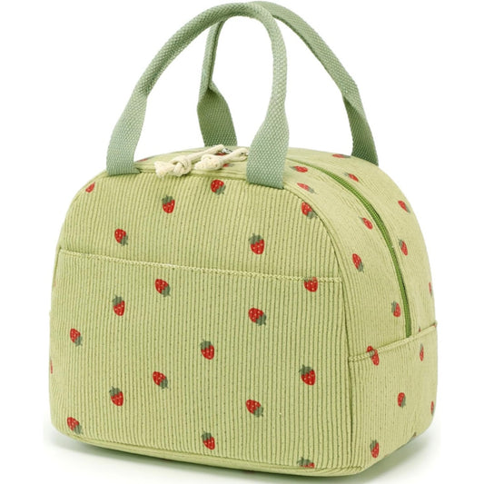 Green Strawberry Pattern Corduroy Lunch Bag - Insulated Thermal Cooler Tote for School Work and Picnics - Main product image