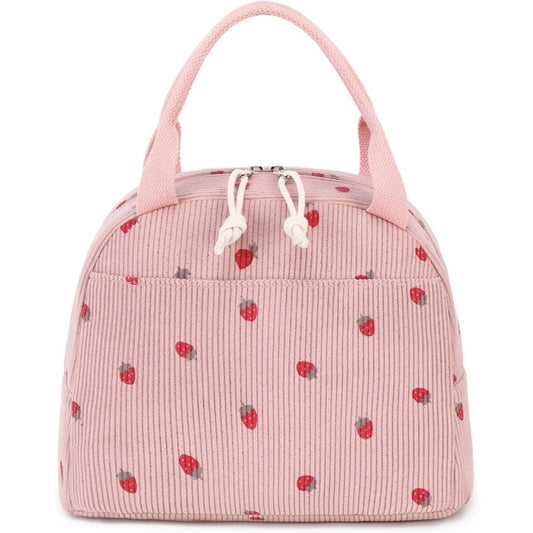 Pink Strawberry Pattern Corduroy Lunch Bag - Insulated Thermal Cooler Tote for School Work and Picnics - Main product image