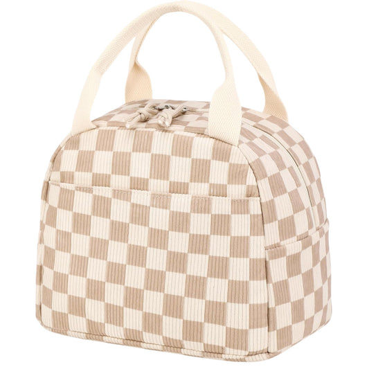 Beige Checkered Pattern Corduroy Lunch Bag - Insulated Thermal Cooler Tote for School Work and Picnics - Main product image