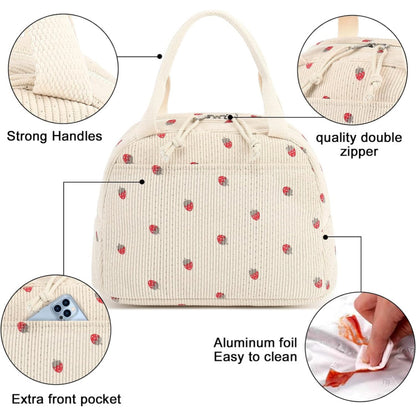 Beige Checkered Pattern Corduroy Lunch Bag - Insulated Thermal Cooler Tote for School Work and Picnics - Product image 5