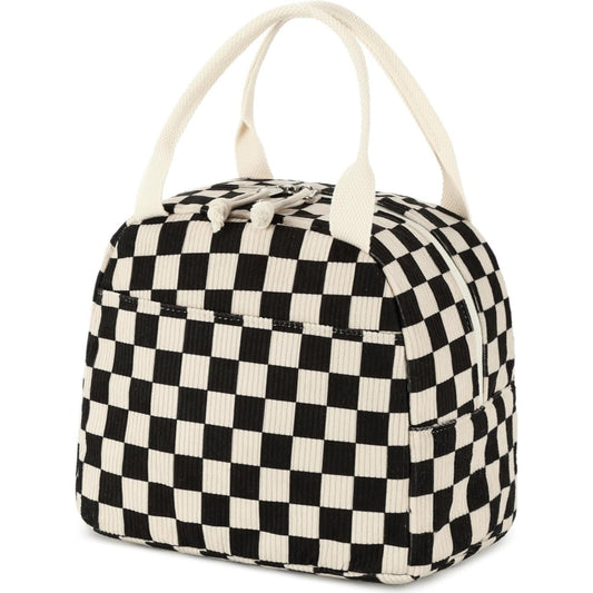 Black and White Checkered Pattern Corduroy Lunch Bag - Insulated Thermal Cooler Tote for School Work and Picnics - Main product image