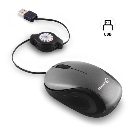 Grey and Black Portable Mini USB Mouse with Retractable Cable - Compact Travel Mouse for PC and Laptop - Main product image