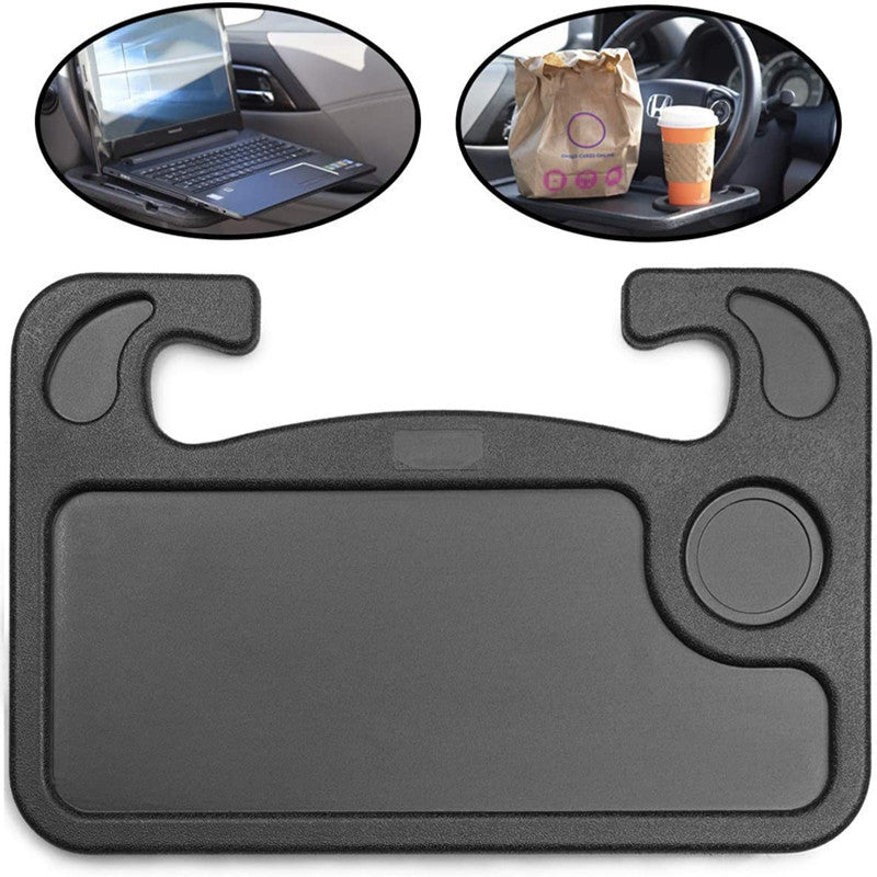 Black Portable Car Steering Wheel Tray - 2-in-1 Dual Sided Laptop Desk & Food Table with Cup Holder - Universal Auto Interior Accessory for Travel & Mobile Work - Main product image