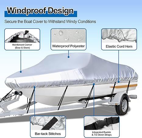 Grey Heavy Duty Waterproof Tarp Covers with Storage Bag, Fits V-Hull, Fish&Ski, Pro-Style, Fishing, Runabout, Bass Boats, 11-13 feet (420cm x 270cm) - Product image 5
