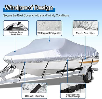 Grey Heavy Duty Waterproof Tarp Covers with Storage Bag, Fits V-Hull, Fish&Ski, Pro-Style, Fishing, Runabout, Bass Boats, 14-16FT(530cm*290cm) - Product image 2