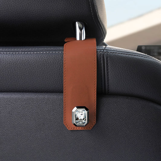 Brown Car Multi-Functional PU Leather Hook with Crystal Decoration – Hidden Storage Hook for Front and Rear Seats (Set of 2) - Main product image