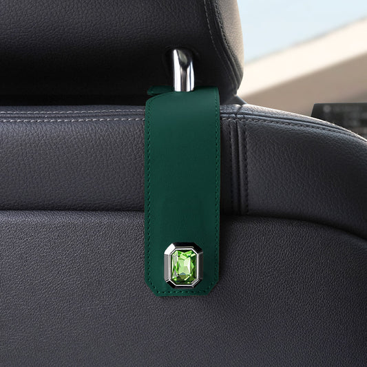 Green Car Multi-Functional PU Leather Hook with Crystal Decoration – Hidden Storage Hook for Front and Rear Seats (Set of 2) - Main product image