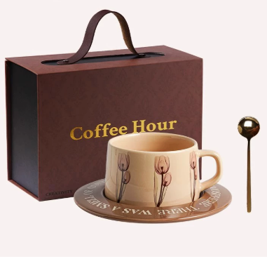 Brown Tulip Elegant Ceramic Coffee Cup & Saucer Set - Couples Gift Box, Premium Wedding & Bridesmaid Favor, High-End Exquisite Design - Main product image