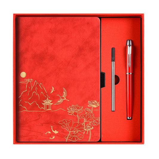 Red A5 Premium Notebook Gift Set with Pen - Red PU Leather Journal with Gold Oriental Art - 200 Pages Business Diary & Corporate Gift Box (Lotus & Crane Design) - Main product image