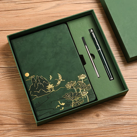 Green A5 Premium Notebook Gift Set with Pen - Red PU Leather Journal with Gold Oriental Art - 200 Pages Business Diary & Corporate Gift Box (Lotus & Crane Design) - Main product image