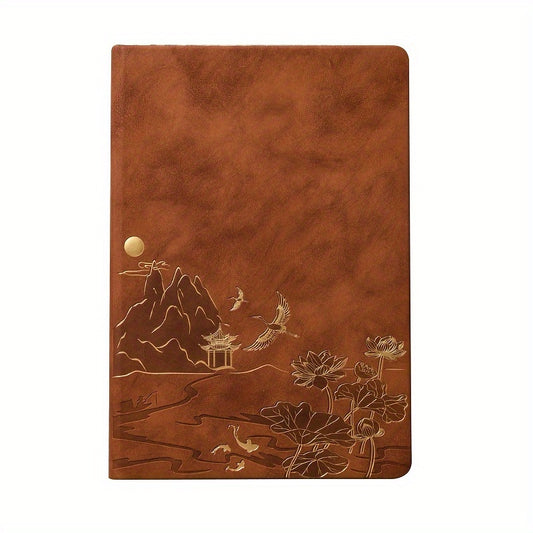 Brown A5 Premium Notebook Gift Set with Pen - Red PU Leather Journal with Gold Oriental Art - 200 Pages Business Diary & Corporate Gift Box (Lotus & Crane Design) - Main product image