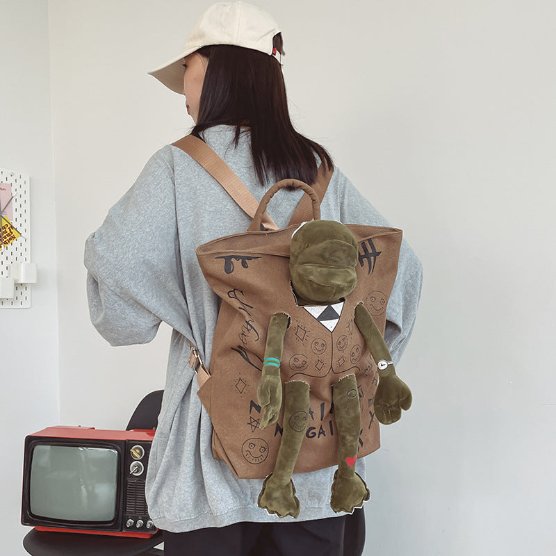 Coffee-brown 3D Frog Graffiti Canvas Backpack Large Capacity 37x40cm School Bag for Students and Uni Students - Creative Aesthetic Rucksack - Main product image
