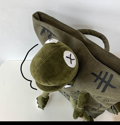 Coffee-brown 3D Frog Graffiti Canvas Backpack Large Capacity 37x40cm School Bag for Students and Uni Students - Creative Aesthetic Rucksack - Product image 2