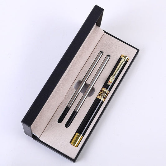 Black Two-piece Set Luxury Retro Dragon Head Signature Pen Gift Set - Full Metal 0.5mm Rollerball Each Set with 2 Spare Refills for Business and Gifting - Main product image