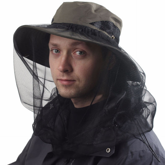 Light Grey Outdoor Mosquito Head Net Hat with 40cm Mesh Shield - Wide Brim Sun Protection Bucket Hat for Fishing and Hiking - Quick Dry Breathable Cap