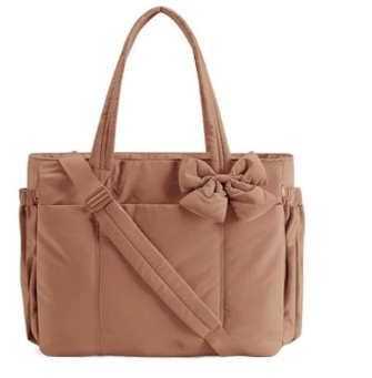 Brown Women's Quilted Puffer Tote Bag Large Capacity Lightweight Bow Handbag with Shoulder Strap 42cm for Gym Travel & Baby Care - Main product image
