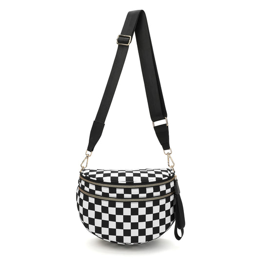 Black-and-white Checkered Pattern Women's Large Crescent Crossbody Bag Lightweight Oxford Cloth Shoulder Sling Purse Adjustable Strap for Travel Gym & Daily Use - Main product image
