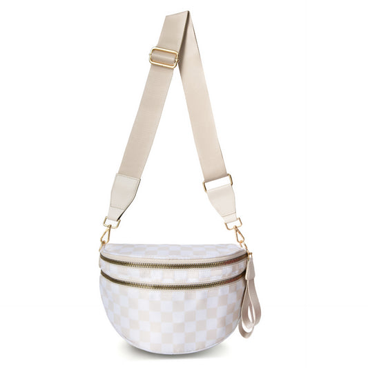 White-and-beige Checkered Pattern Women's Large Crescent Crossbody Bag Lightweight Oxford Cloth Shoulder Sling Purse Adjustable Strap for Travel Gym & Daily Use - Main product image