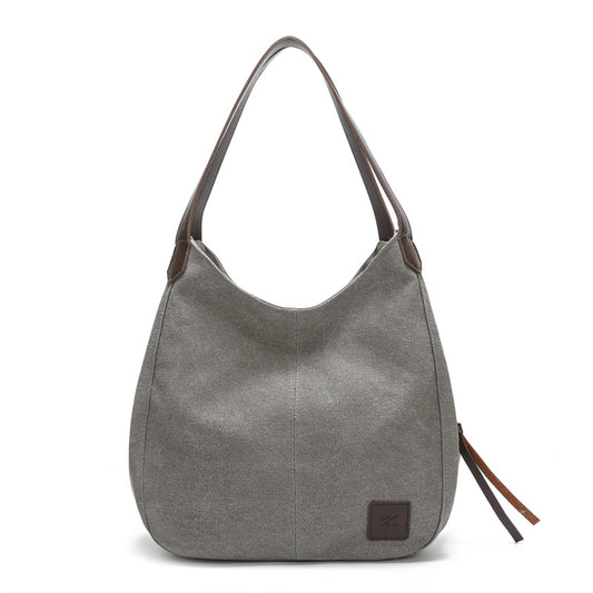 Grey Women's Canvas Hobo Handbag Multi-Compartment Shoulder Tote Bag Minimalist Casual Purse 30cm for Work Shopping & Travel - Main product image