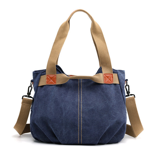Dark Blue Women's Retro Canvas Tote Bag Large Capacity Shoulder Handbag Adjustable Crossbody Strap 35cm for Travel Work & Daily Use - Main product image