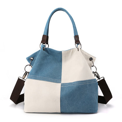 Blue Women's Canvas Patchwork Tote Bag Large Capacity Shoulder Handbag Fits A4 Magazine Adjustable Crossbody Strap 34cm for Work & School - Main product image