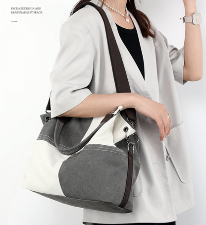 Blue Women's Canvas Patchwork Tote Bag Large Capacity Shoulder Handbag Fits A4 Magazine Adjustable Crossbody Strap 34cm for Work & School - Product image 3