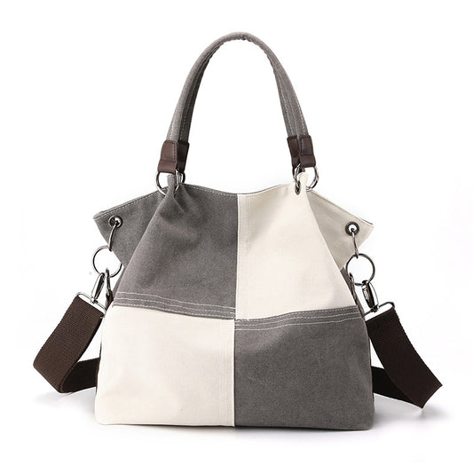 Grey Women's Canvas Patchwork Tote Bag Large Capacity Shoulder Handbag Fits A4 Magazine Adjustable Crossbody Strap 34cm for Work & School - Main product image