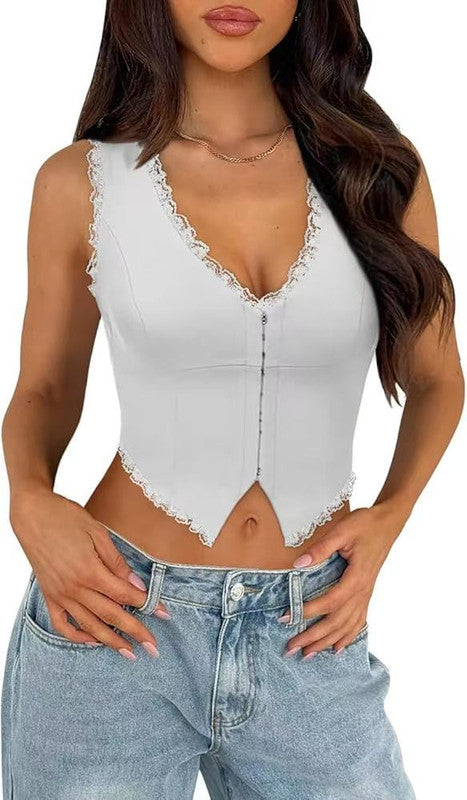 2 - Pack White French Vintage Lace Splice Camisole - Slim Fit Halter Top with Back Detail and Button Placket