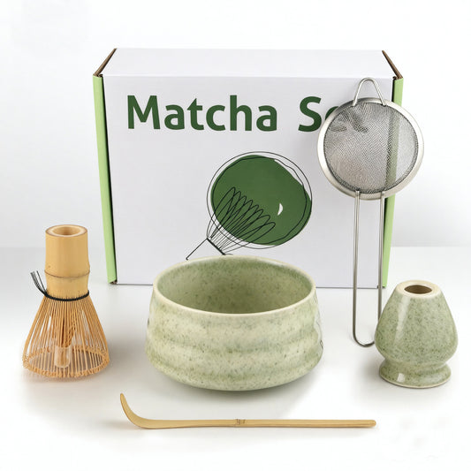 Matcha Color Ceremony 5-Piece Matcha Ceramic Tool Set - Gift Box with Whisk (Chasen), Whisk Holder (Chasen Kuse-Naoshi), Bowl, Sieve, and Scoop - Main product image