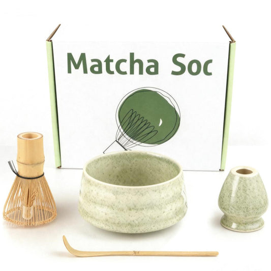Matcha Color Ceremony 4-Piece Matcha Ceramic Tool Set - Gift Box with Whisk (Chasen), Whisk Holder (Chasen Kuse-Naoshi), Bowl, and Scoop - Main product image