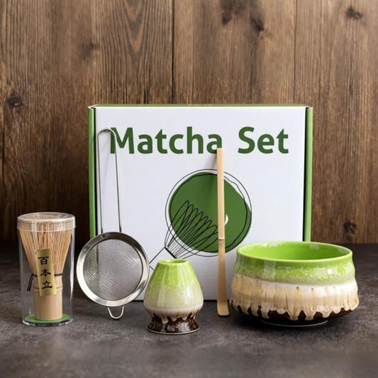 Gradient Green Ceremony 5-Piece Matcha Ceramic Tool Set - Gift Box with Whisk (Chasen), Whisk Holder (Chasen Kuse-Naoshi), Bowl, Sieve, and Scoop - Main product image