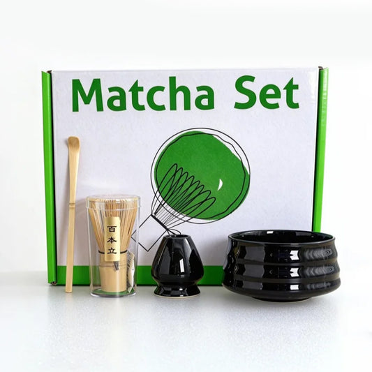 Black Ceremony 4-Piece Matcha Ceramic Tool Set - Gift Box with Whisk (Chasen), Whisk Holder (Chasen Kuse-Naoshi), Bowl, and Scoop - Main product image