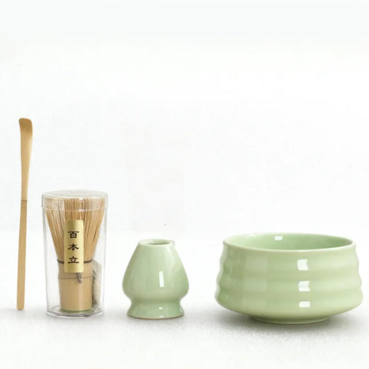 Green Ceremony 4-Piece Matcha Ceramic Tool Set - Gift Box with Whisk (Chasen), Whisk Holder (Chasen Kuse-Naoshi), Bowl, and Scoop - Main product image