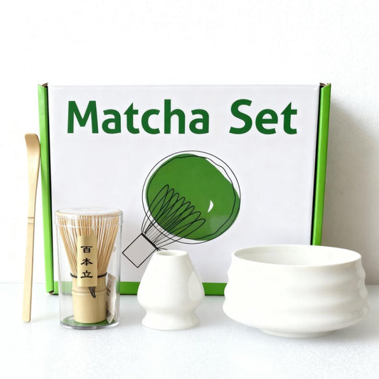 White Ceremony 4-Piece Matcha Ceramic Tool Set - Gift Box with Whisk (Chasen), Whisk Holder (Chasen Kuse-Naoshi), Bowl, and Scoop - Main product image