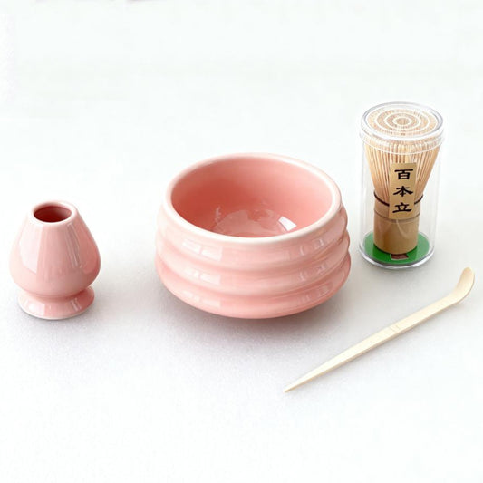 Pink Ceremony 4-Piece Matcha Ceramic Tool Set - Gift Box with Whisk (Chasen), Whisk Holder (Chasen Kuse-Naoshi), Bowl, and Scoop - Main product image