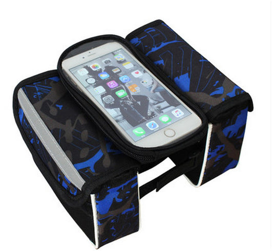 Blue Bicycle Top Tube Frame Bag with Detachable Touch Screen Phone Holder Waterproof Double Pouch Cycling Saddle Bag for Mountain Bikes - Main product image