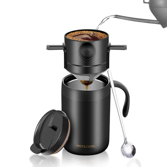 Portable Pour Over Coffee Maker Set Insulated Stainless Steel Travel Mug with Reusable Drip Filter and Spoon Kit