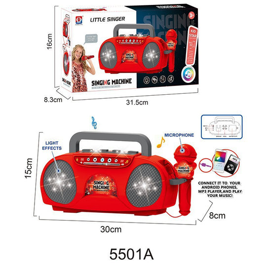 Red Kids Portable Singing Machine Karaoke Boombox Toy with Microphone Flashing Lights and MP3 Music Player for Boys and Girls - Main product image