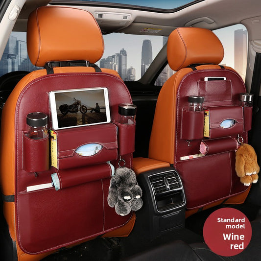 2-PCS Wine red PU Leather Car Back Seat Organizer Kick Mat with Touch Screen Tablet Holder Multi-Pocket Travel Storage Bag - Main product image