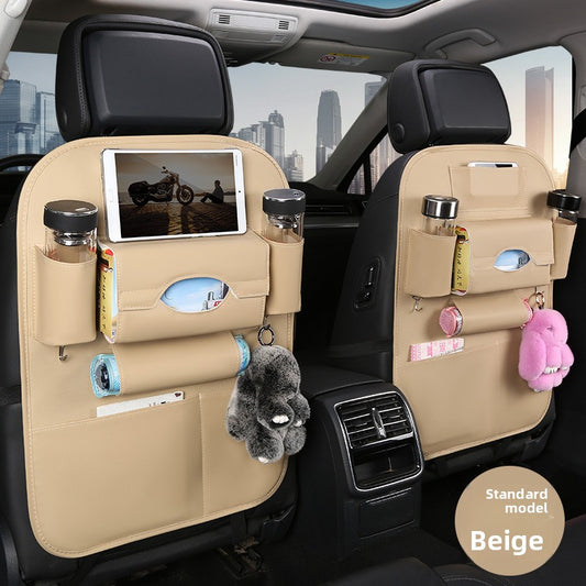 2-PCS Beige PU Leather Car Back Seat Organizer Kick Mat with Touch Screen Tablet Holder Multi-Pocket Travel Storage Bag - Main product image