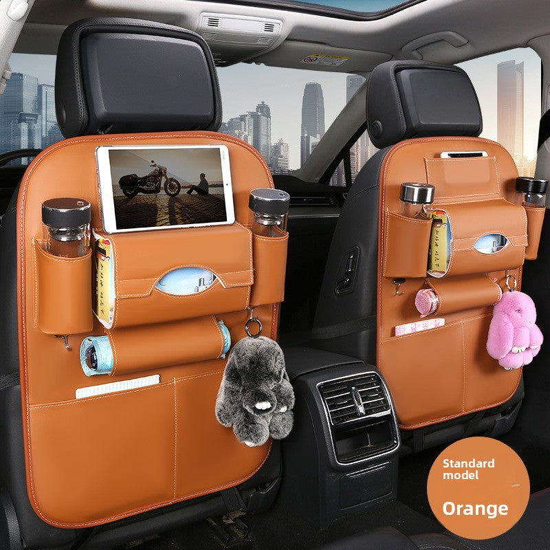 2-PCS Orange PU Leather Car Back Seat Organizer Kick Mat with Touch Screen Tablet Holder Multi-Pocket Travel Storage Bag - Main product image