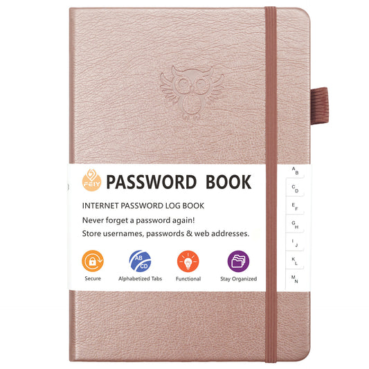 Rose Gold Password Log Book with Alphabetical Tabs Internet Address Organizer Small PU Leather Notebook with Owl Design Pen Holder and Inner Pocket Ideal for Home and Office - Main product image