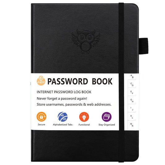 Black Password Log Book with Alphabetical Tabs Internet Address Organizer Small PU Leather Notebook with Owl Design Pen Holder and Inner Pocket Ideal for Home and Office - Main product image