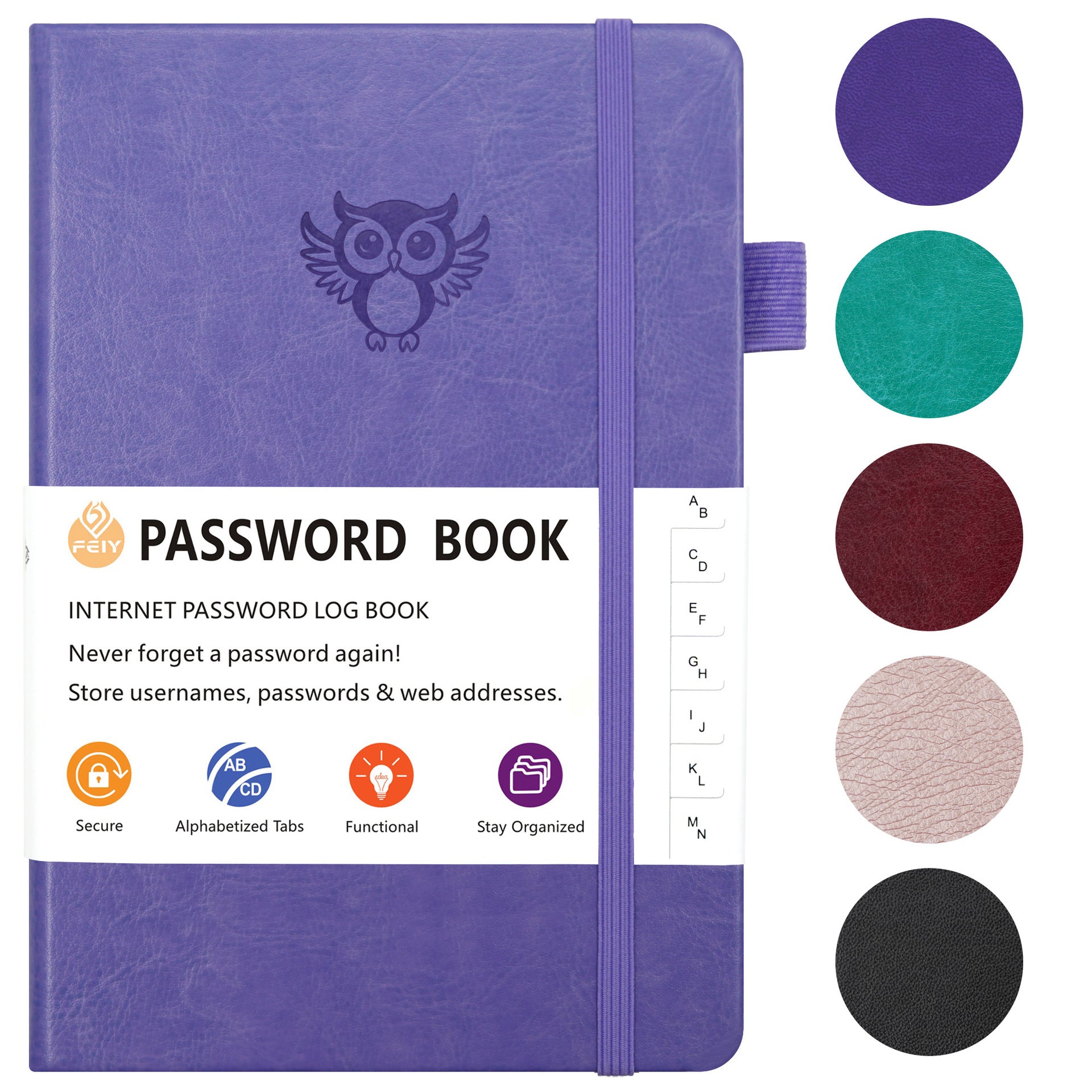 Black Password Log Book with Alphabetical Tabs Internet Address Organizer Small PU Leather Notebook with Owl Design Pen Holder and Inner Pocket Ideal for Home and Office - Product image 8